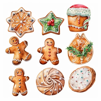 watercolor christmas cookies, watercolor christmas ginger bread, watercolor christmas gingerbread, white icing, watercolor clip art, white background, highly detailed, 8k, clip art