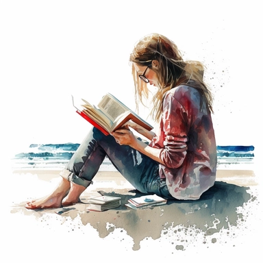 woman reading on the beach, white background, watercolor, hyperrealism, high detail, isolated elements, clipart