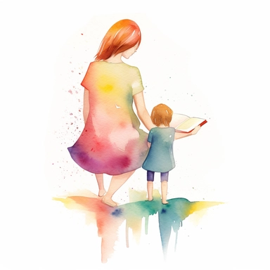 Mother and child reading book, cartoon, watercolour, minimalist , mothers day clipart, bright colour, isolated white background