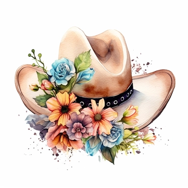 a watercolor and ink clipart of a very feminine cowboy hat with flowers, pastel colours