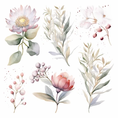 Australian native flower arrangments watercolor premade border, white simple background, no grass or green ground in the scene, no sky, pale watery color, hand painted original, pastel colors, Watercolor Flowers Clipart, airy dreamy pale color, modern minimal v 4