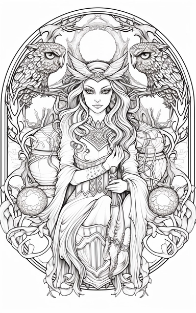 Coloring cartoon page for adult,witch clipart 6 witches, owl, in the style of reimagined by Dr. Seus, mystic mechanisms, illusory images, witchcore, lith printing ,clear and clean line art, white background