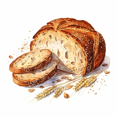 watercolor, hyper realistic, white background, white margins, 16k, ultra detailed clipart, cut out image, hand-drawn a rustic bread loaf, adorned with grains and seeds, symbolizing the wholesome and nourishing aspect of the harvest season. earthy color, in the style of pencilsteampunk, delicate watercolor, creative commons attribution, miniaturecore, grocery art, white and amber, website