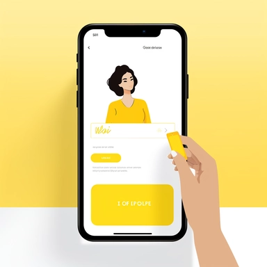 generate a sign up page mobile screen ,ui design, flat mobile view, yellow color large signup with gmail button in the middle of the screen ,minimalistic,clipart of a woman using Bitcoins, white background, illustration,some text before the button,white color background,yellow color Button,home pahe logo on the right top of the screeen,some blank space on the bottom of the screen