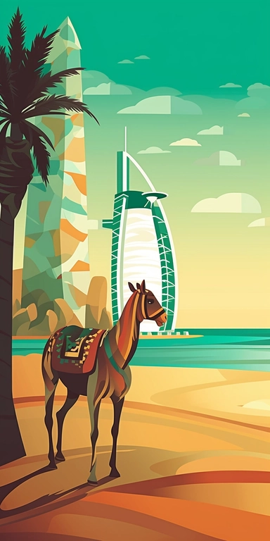 vector clipart background seaview with Burj al Arab and the camel wearing the big sunglasses standing,
