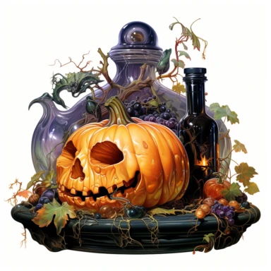 an svg vector clipart image of a Halloween still life oil painting inside an organic shape, Thomas Kincade style, hyper realistic, plain white background