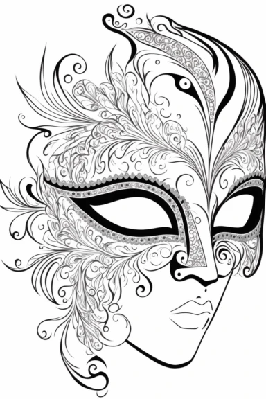 an outlined Mardi Gras mask decorated with glitter and jewels, Coloring Book, white background, black and white, [clip art]
