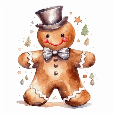 watercolor beautiful vintage simple Christmas brown cute gingerbread man with icing fantasy clipart, realistic, photorealistic, whimsical, detailed watercolor style, on white background