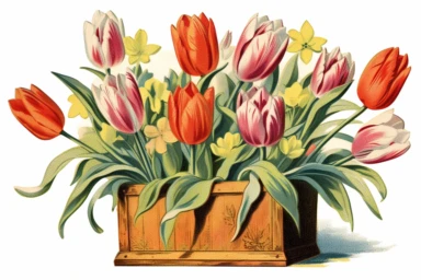 Vintage 1920 detailed open box of tulips Illustration , Chromolithograph, Die Cut, 1920s Illustration, Vintage, Chromolithograph, Colorful, Antique, Ephemera, Clipart, 8k, Isolated on white