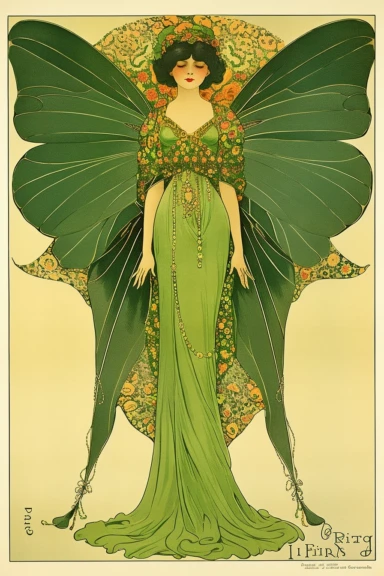 Vintage 1920 Symmetrical Fully Clothed Female Fairy with Large green Wings on its back Illustration, Chromolithograph, 1920s Illustration, Vintage, Antique, Ephemera, Clipart, 8k, on a vintage magazine cover