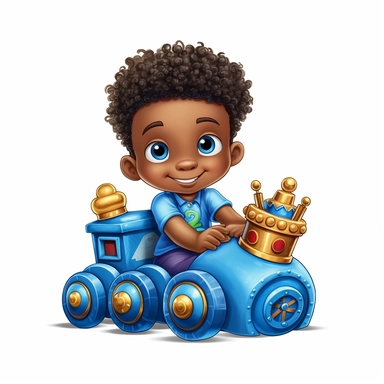 seameless isolated blue crown plush blue toy train, african- american boy happy illustrations clipart crisp white background