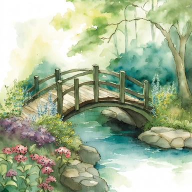 The spring bridge illustration is a colorful watercolor artwork depicting a picturesque garden scene during the summertime. The bridge itself is a rustic wooden structure with arched beams and railings, spanning over a babbling brook. The water is depicted in shades of blue and green, with watercolor drops adding a sense of motion and fluidity. The garden surrounding the bridge is bursting with vibrant summer flowers in shades of pink, purple, yellow, and orange. The flowers are painted in a loo