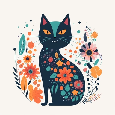 cartoon style cat, bright colored boho style flowers, silhouette vector flat simple identification symbol white backround white background minimalistic clipart png svg