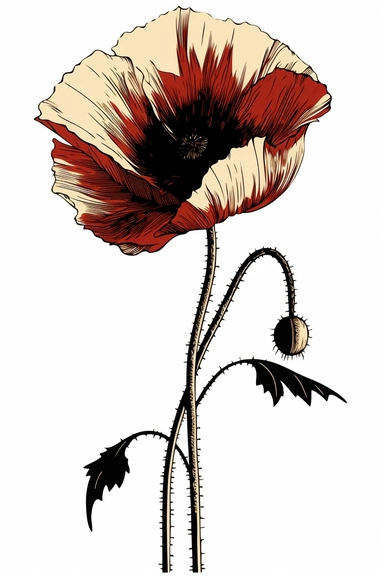 line drawing clipart of a single poppy in black and white, coloured in