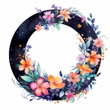 watercolor, Bright wreath with flowers, colorful leaves, and stars around. Floral collections. Magical illustrations for you as creating cards, banners, birthdays, and other holidays png Full body realistic cartoon in 32K UHD cute. 15 cm thick outline. Black color. There was no shadow on the ground. 8k with realistic watercolors and detailed illustrations. PNG clipart, transparent white background