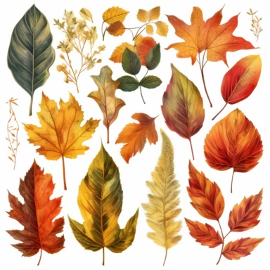 clipart set of different autumn foliage, leaves, plants, detailed vintage oil painting style, elegant, sophisticated, isolated on white background