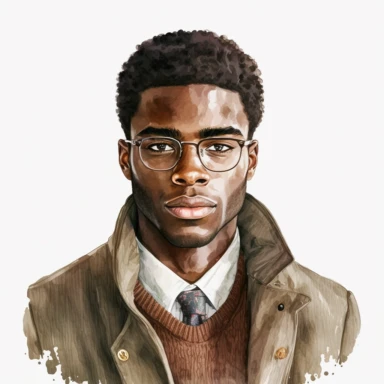 20 year old intelectual black man university student facing camera watercolor illustration, wearing glasses and tweed blazer and turtleneck, soft earthy tones watercolor clipart academia aesthetics, solid white background, high definition, 8k