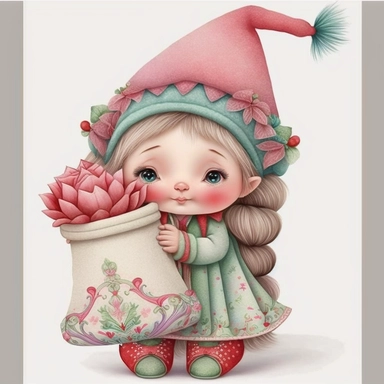 A cute Christmas girl elves doll girl pink and mint pastel clothing holding Christmas gift , Christmas, clipart, white background, 32k uhd, insanely detailed and sharp, flickr, plush doll art, soft faded colors, fairy tale watercolor art by Susan Wheeler, Thomas Kinkade and Marjolein Bastin