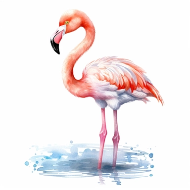 clipart full body friendly watercolour cute little baby flamingo, realistic, detailed, white background, contou