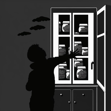 arm reaching cookie jar in cupboard. flat vector style in black and white, clipart.