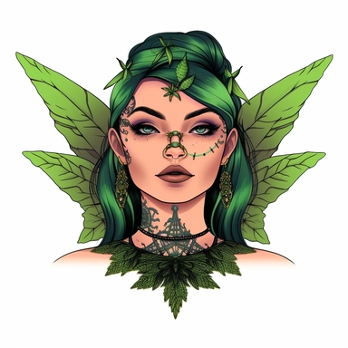 green ganja lady with elf ears and with fairy wings on her back and facial tattoos wearing a black spike colar choker with around her neck clipart minimal