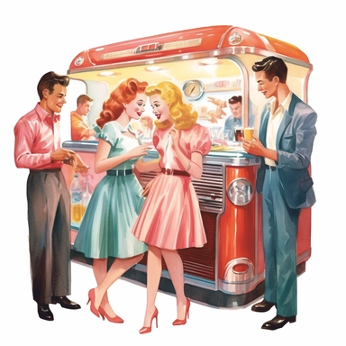 A group of friends gathered around a jukebox in a 1950s-style diner, selecting their favorite tunes and dancing, american style, watercolor, clipart