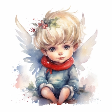 Cute Christmas fairy baby boy watercolor clipart, isolated on white background, watercolor, high detail, unique, intricate detail, hand - painted q 2 v 5. 1