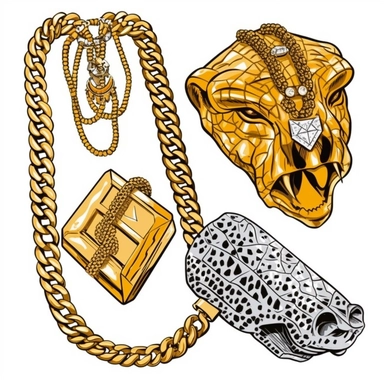 clipart neo elements, gold and diamond gaudy cuban chains cartier tiffany pandora Inspired clothing clipart vector isolated on a white background, rapcore