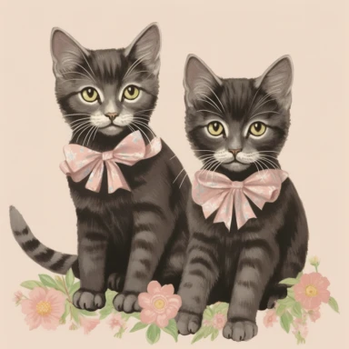 two kittens, art by yuko higuchi, high quality, retro, clipart