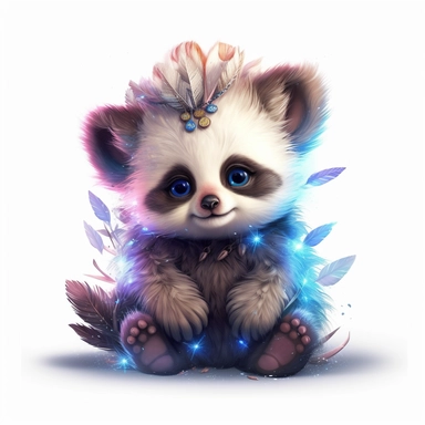 cute baby panda with big eyes, cartoon, comics, fur made of multicolored feather, fairy lights, bokeh, anna dittmann, artstation, high details, intracate details and lines no color bleed, fantasy, HD, 8k, solid white background, clipart