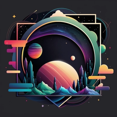 logo, geometric frame, vector, clipart, modern, northern lights, planets, outer space, cartoon, clean lines,