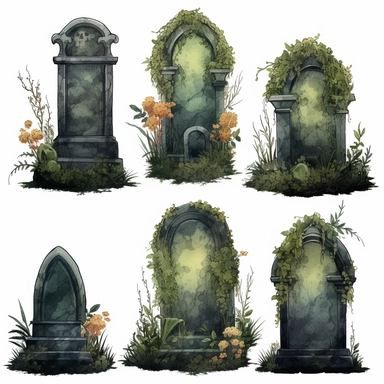 watercolor clipart set of intricate gravestones, overgrown with moss, dark art aesthetic, high definition, moody colours, 8k
