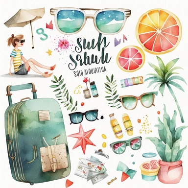 watercolor summer vacation from school clip arts, end of school year clipart, white background, no letters