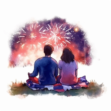 couple watching Fourth of July fireworks, sitting on blanket on grass, clipart, watercolor style, defined edges, black background