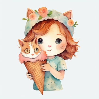 illustrations, 2d flat vector, wallpaper, Ice cream cones and cookies, cute kitten and flowers, watercolor, watercolor illustration, watercolor clipart, kawaii, cute, full Illustration, 4k, watercolor, soft lighting, watercolor style, perfect composition, perfect illustration, children's style fairy tales, Conrad Roset, Aikut Aidogdu, Agnes Cecil, flat color vector, Seamless repeating pattern, Detailed, symmetrical tiled patterns, repeating texture, repetitive and consistent