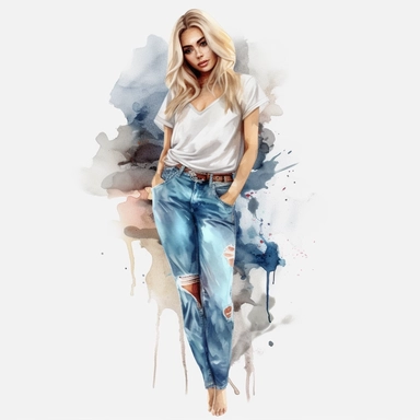 glamour model posing, blonde hair ripped jeans, full length, watercolour style 8k clipart png transparent