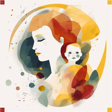 abstract style clipart, mom and 2 year old son, white background