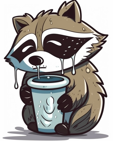 clipart sticker of racoon sipping coffee in a wet alley