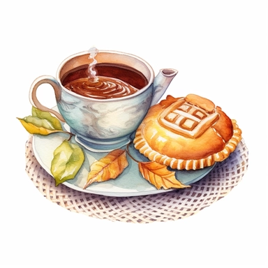 Watercolor illustration of a pie, tea and leaves, in the style of white and amber, knitted and crocheted, handcrafted objects, spiral group, cabincore, smooth and shiny, konica big mini , style by Lucy Fleming, watercolor, smooth gradients, black contour outline, ultra detailed, clipart elements, delicate pastel colors, solid white background, super clear, high quality