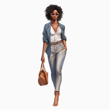 realistic illustration of Fashion-forward African American woman: Illustrate a clipart of a stylish African American woman wearing fashionable clothing and accessories. Showcase her confidence and individuality through her outfit and pose. clipart, isolated on white background, 4K