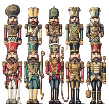 6 nutcrackers clipart, detailed, 8k, national geographic retro, retro style, vintage style, vivid colors, drawing illustration, high quality, very detailed, isolated on white background, UHD