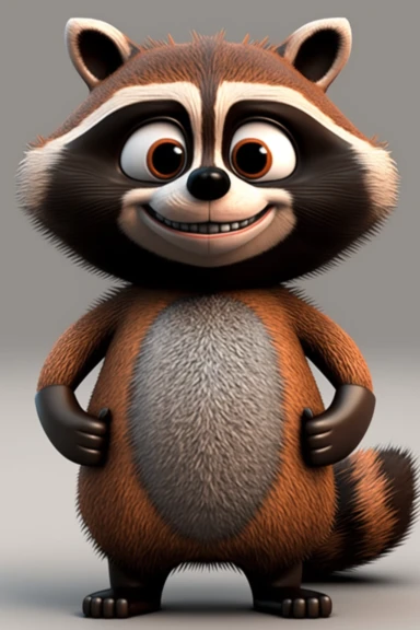 no text, 3d whole body clipart of a smiling, friendly racoon, cartoon network style, friendly face, head unproportionally bigger than body, detailed body shape, front shot, insanely big shiny eyes, caricatured face, insanely glossy, plastic like fur and skin, light background, unrealistic, 8k photography, cinematic, super cute face, Photography, Ultra-Wide Angle, Depth of Field, hyper-detailed, beautifully color-coded, insane details, intricate details, Unreal Engine, Cinematic, Editorial Photog