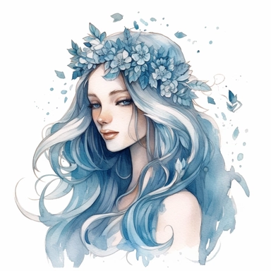 beautiful princess with long flowing hair and a crown of flowers, water color, illustration, white background, dusty blue, pastels, outlined, clipart