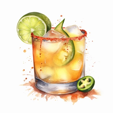 hand drawn spicy margarita, very detailed and realistic, watercolor, white background with margins, clipart style — uplight