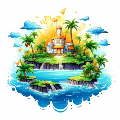 clipart of vivid magic island with sun beams, very detailed, Cartoon, hyper realistic, intricate detail, illustration style, high solution, on the white background