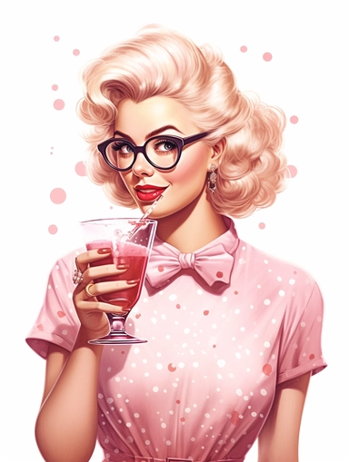 portrait of a stunning housewife drinking cocktail against white background, in the style of vintage-inspired pin-ups, realistic figures, polka dot madness, pink and amber, against white background clipart png