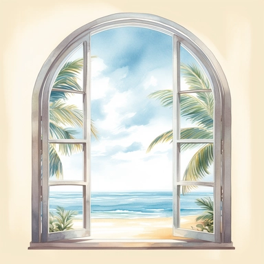 Ella bailey watercolour illustration style window frame with beach view, high definition, 8k, insanely detailed, fine detail, sharp focus, illustration, white background, isolated clipart vector