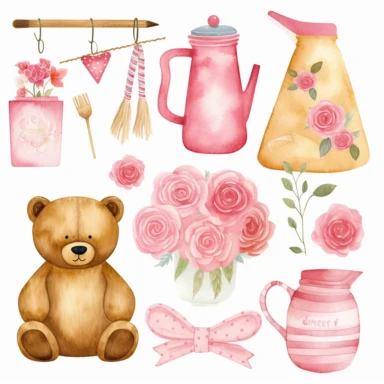 valentine's clipart pack watercolour bear, bouquet of rose, cup and vase and, in the style of kitsch and camp charm, pink, use of common materials, primitive figurines, light amber and pink, paul henry, stripes and shapes