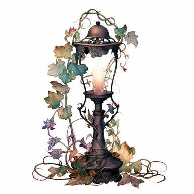 water color, one, 1, old Victorian candle holder covered in vines and flowers, late night, in a cottagecore style, white background, clipart style