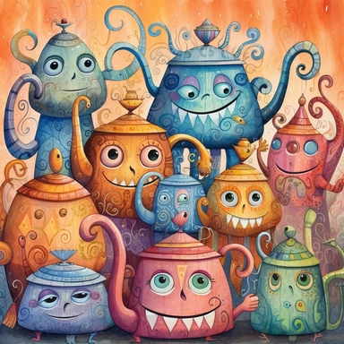 Whimsical magical wacky tea pots, dancing, large eyes, big smile, muted colors, swirls, twists, twirls, metallic, glitter, stylized, funny, centered, airbrushed, digital oil, detailed illustration, clip art, cartoon, 8k,-- ar 9:8